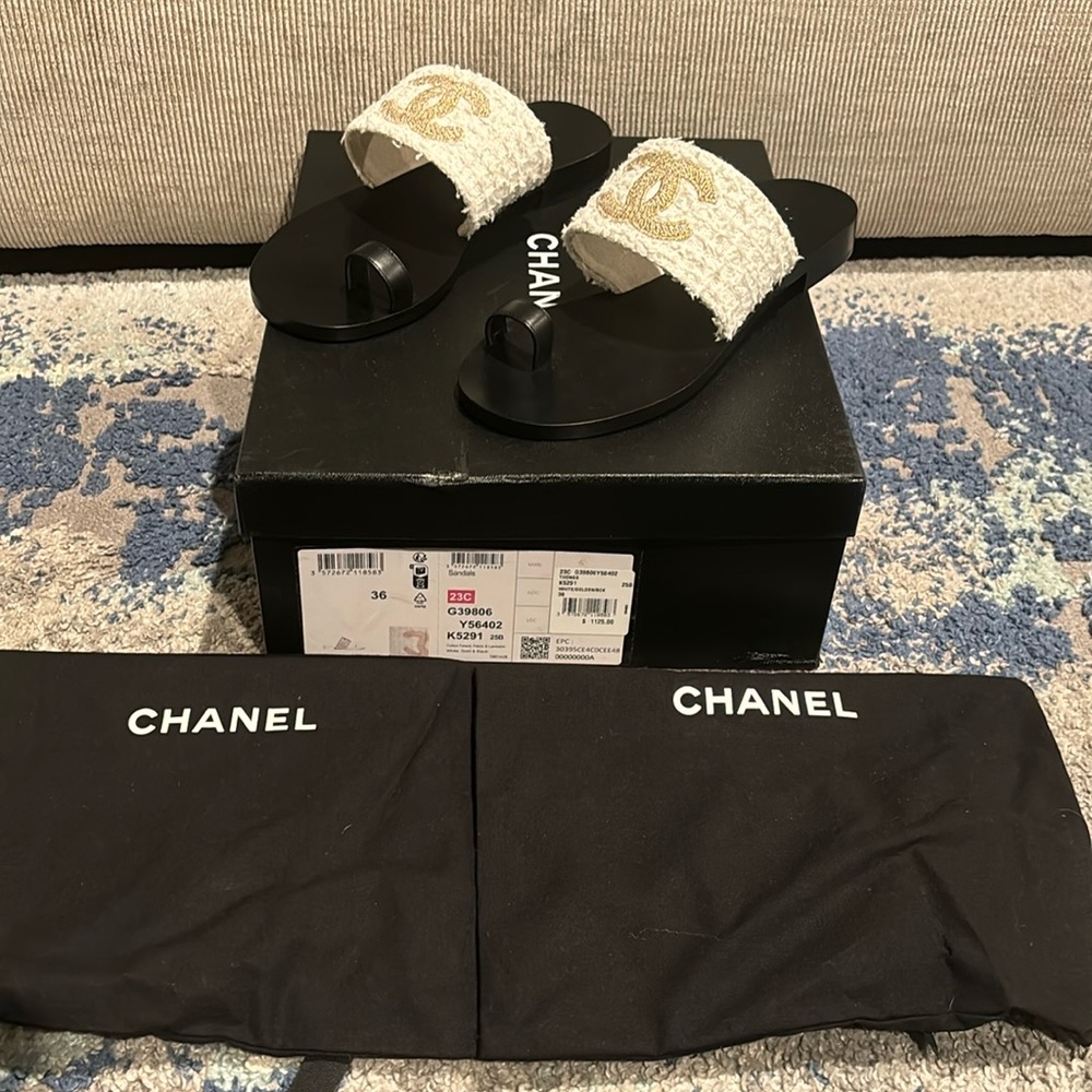 Chanel Women’s Sandals Cotten Tweed Fabric Size 36